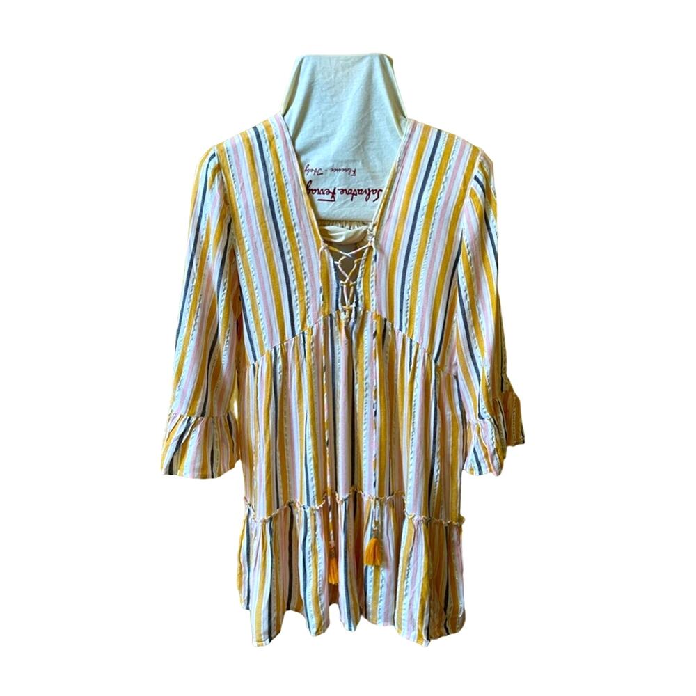 Blue Island Beach Coverup Tropical Striped Mini Pullover Dress Tie Front Small